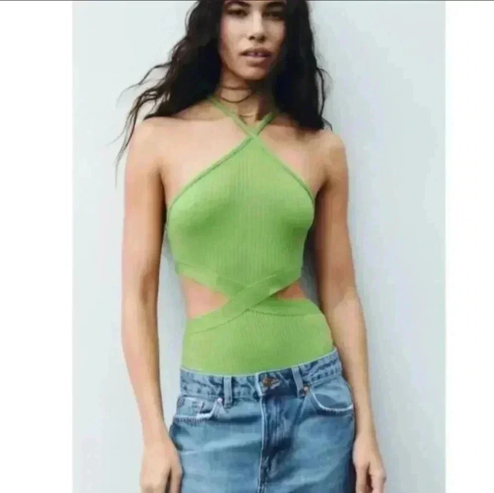 ZARA | Women's Green Ribbed  Cutout Limitless Contour Bodysuit